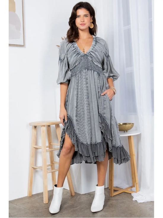 Young Threads Dresses & Skirts - Young Threads Effortless Elegance: Sheared & Elasticated V-Neck Hi Lo Dress